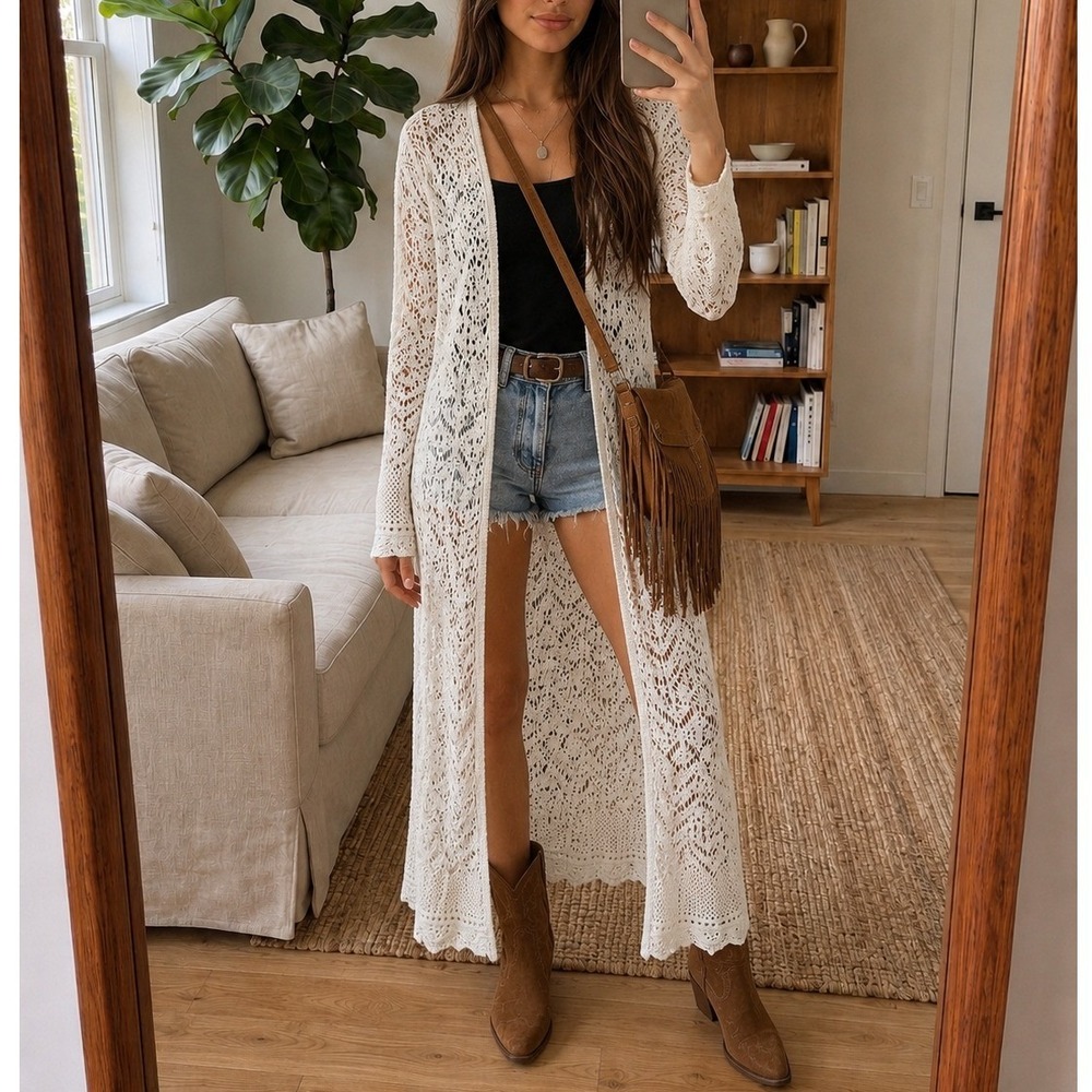 Freshman Crochet Cardigan Small Cream Longline Open Front Boho Festival Cottage